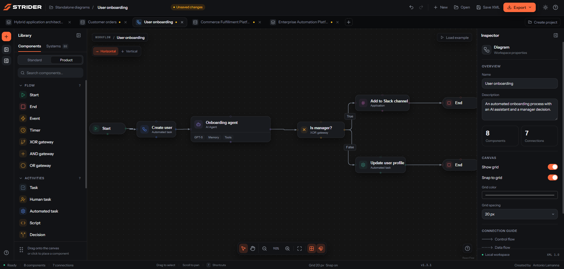 Strider workflow workspace dark theme